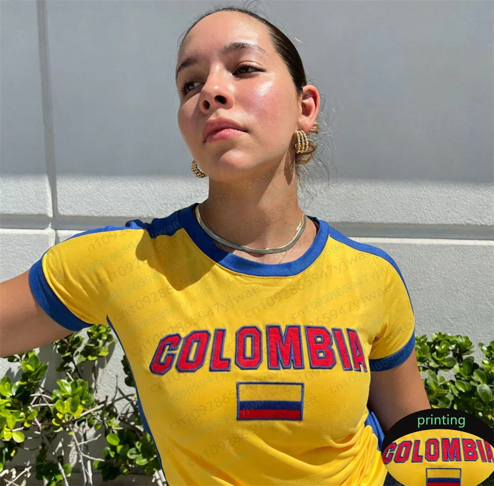 Colombia Y2k Football Jersey O-Neck Fashionable Streetwear Short Sleeved Tee Versatile Casual Top Summer Women'S T-Shirt