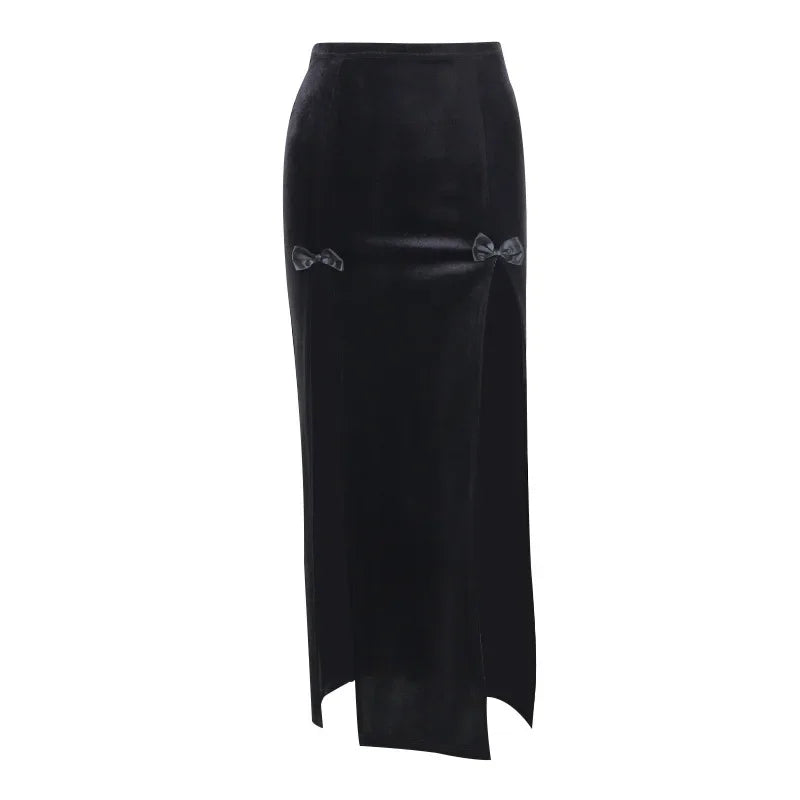 Punk Style Skirt Women's New Chic Halloween Festival Long Party Skirt High Waist Slim Bow Sexy Side Split Knee-Length Skirts