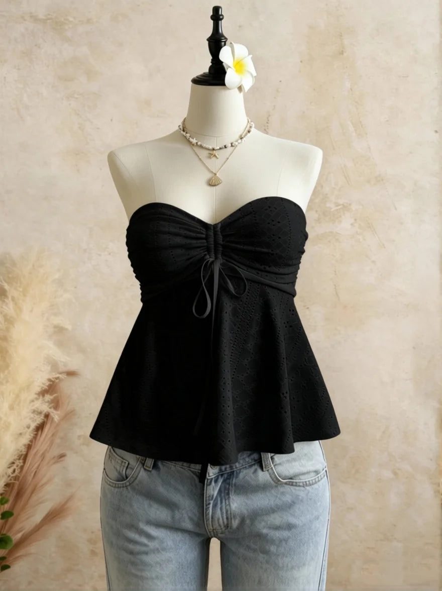 Women Yellow Eyelet Lace Tube Top Casual Ruched Tie Front Peplum Strapless Camisole