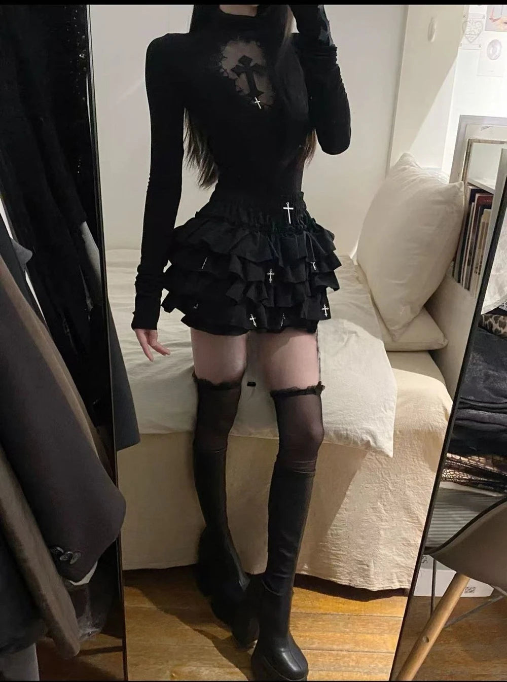 Women Mini Skirts Tiered Ruffles Gothic Skirts with Cross Charms Built-in Shorts Kawaii Sukapan Skort Punk Coquette Y2K Black