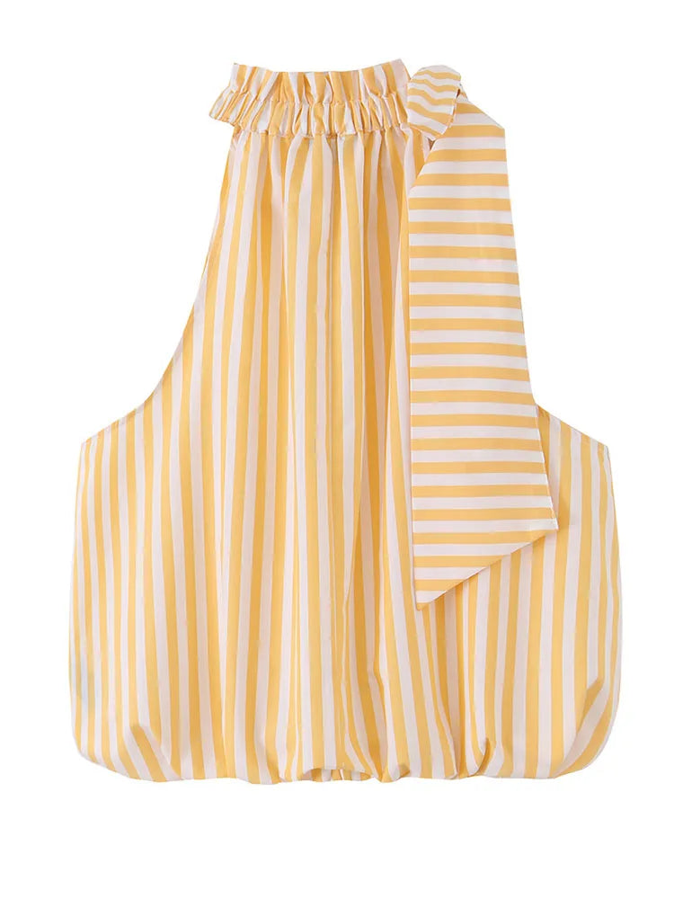 HH Women Summer Spring Preppy Fresh Yellow White Stripe Halter Blouse Spring Ruffle Neck Self Tie Sash Bubble Hem Loose Tank