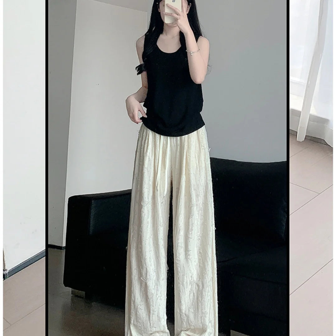 Y2k Streetwear Hot Diamonds Wide-legged Pants Grunge Hole Women Clothing High Waisted Baggy Straight Pants Design Chic Trouser