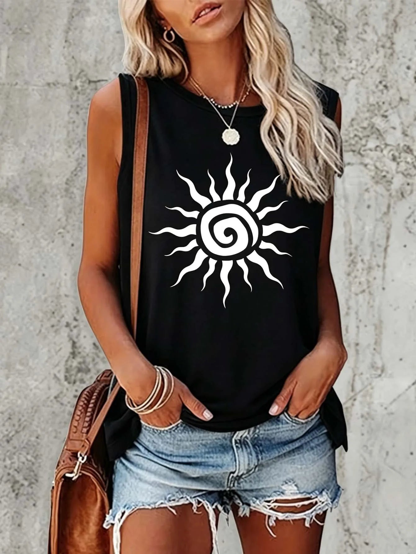 Women's vintage outdoor sports fitness summer casual spiral sun print sleeveless top, soft and breathable