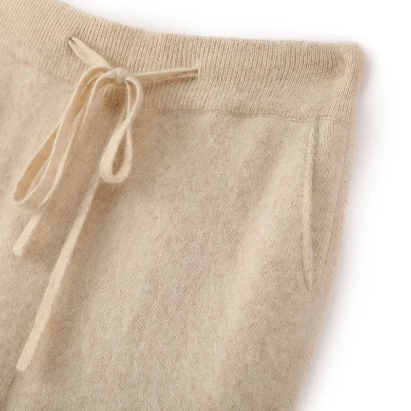 100% Pure Mink Cashmere Knit Wide-Leg Pants Women's Elastic Waist Loose Straight Trousers Leisure Thick Drawstring Mopping pants