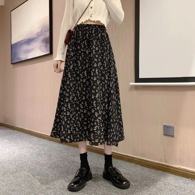 Spring Summer Casual Skirt Womens A-Line Skirts Fashion Vintage Floral Printed Chiffon Skirts Elastic High Waist Midi Skirts