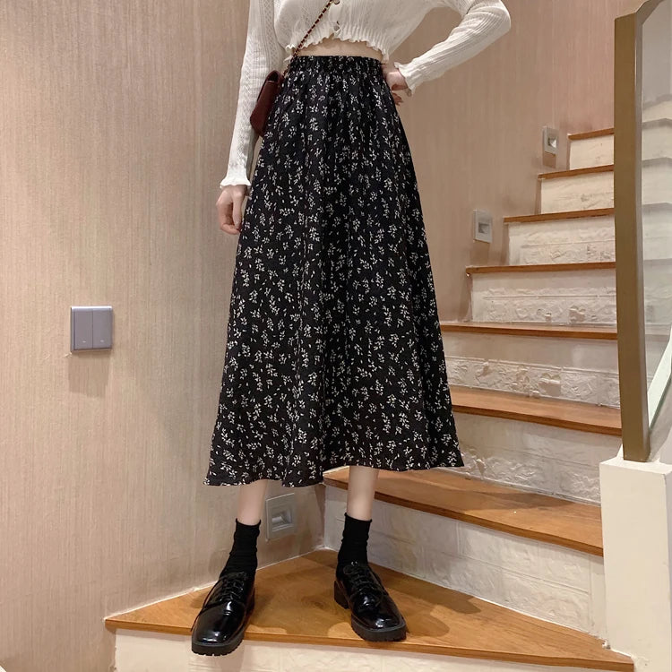 Spring Summer Casual Skirt Womens A-Line Skirts Fashion Vintage Floral Printed Chiffon Skirts Elastic High Waist Midi Skirts