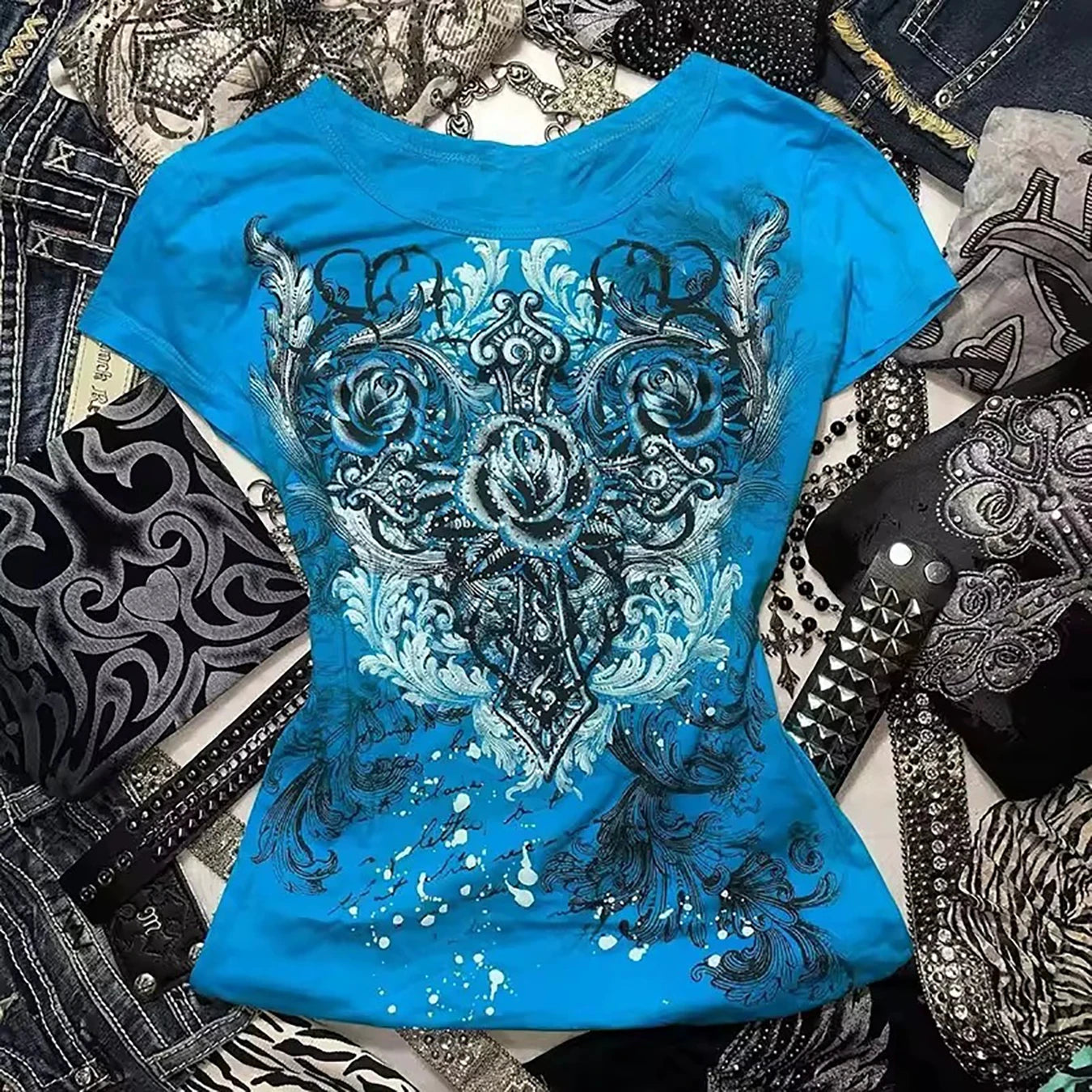 New personalized Y2K slim fit short sleeved printed T-shirt for spicy girls, fashionable retro women's clothing