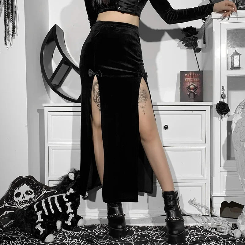 Punk Style Skirt Women's New Chic Halloween Festival Long Party Skirt High Waist Slim Bow Sexy Side Split Knee-Length Skirts