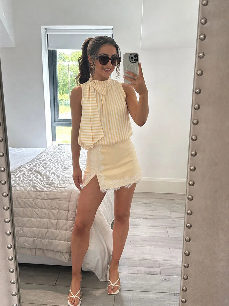 HH Women Summer Spring Preppy Fresh Yellow White Stripe Halter Blouse Spring Ruffle Neck Self Tie Sash Bubble Hem Loose Tank