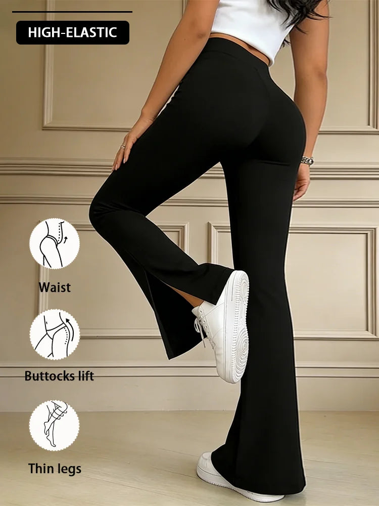 Lady's Black Slit Flared Pants, Fashionable and Sexy Lady Flared Pants, Suitable for Casual Commuting, Suitable for All Seasons