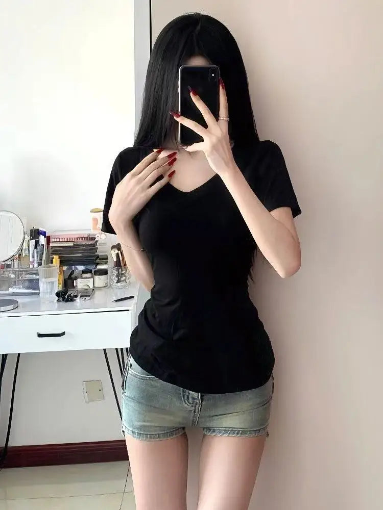 Fashion Women's T-shirt Summer Short Sleeved Cotton V-neck Casual Top Basic Solid Color Slim Daily Wear Clothing