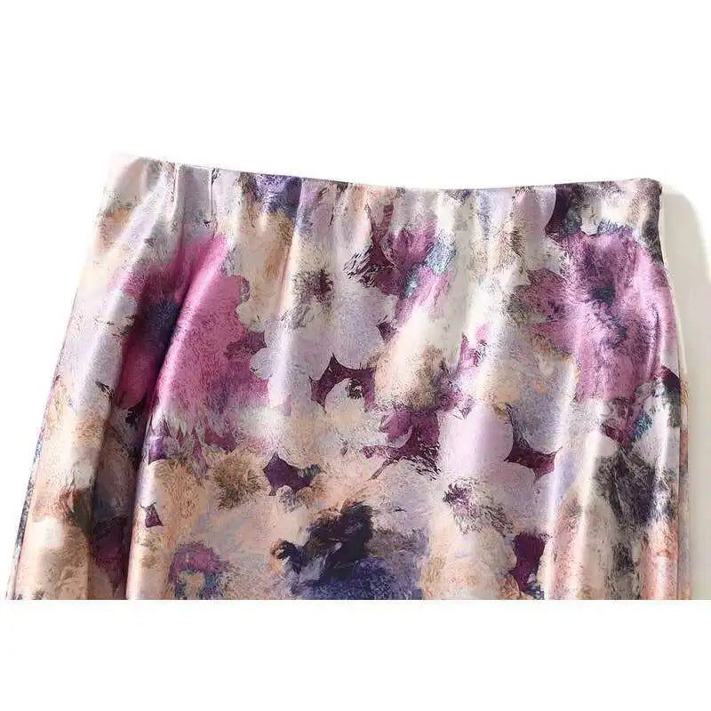 New In Women Spring Summer Floral Print Satin Long Skirts 2026 Trendy High Waist Elegant Faldas