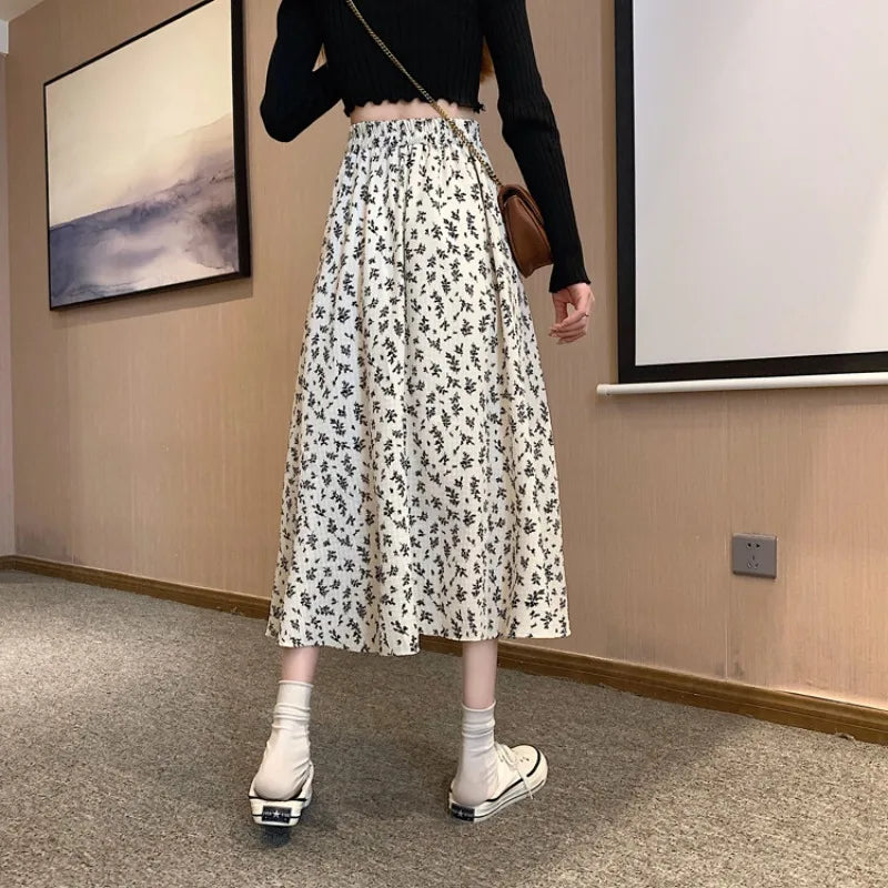 Spring Summer Casual Skirt Womens A-Line Skirts Fashion Vintage Floral Printed Chiffon Skirts Elastic High Waist Midi Skirts