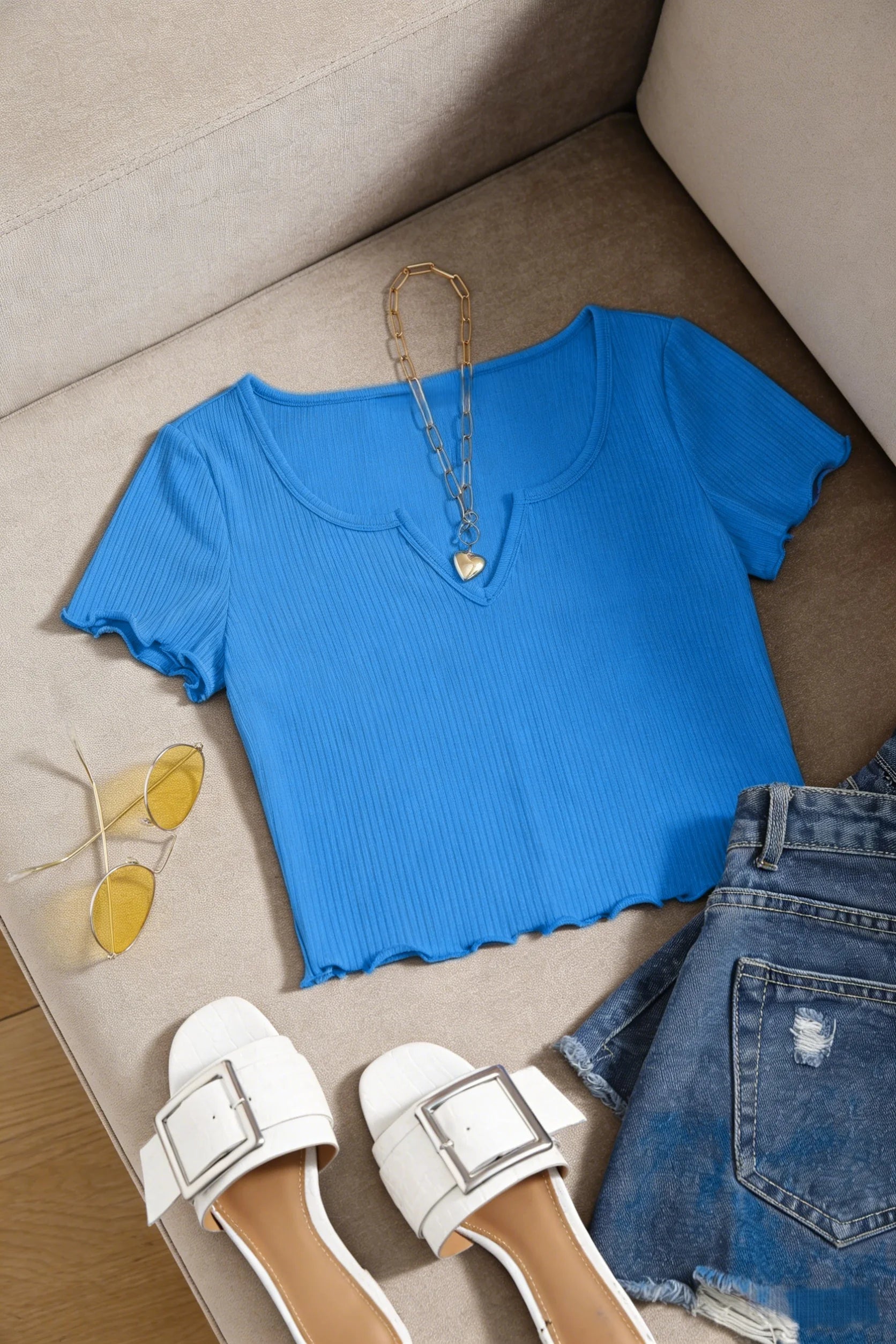Women Bright Blue Ribbed Knit U-Neck Notch Front Ruffle Trim Short Sleeve Crop Top Casual Slim Fit Form Fitting T-Shirt For Dail