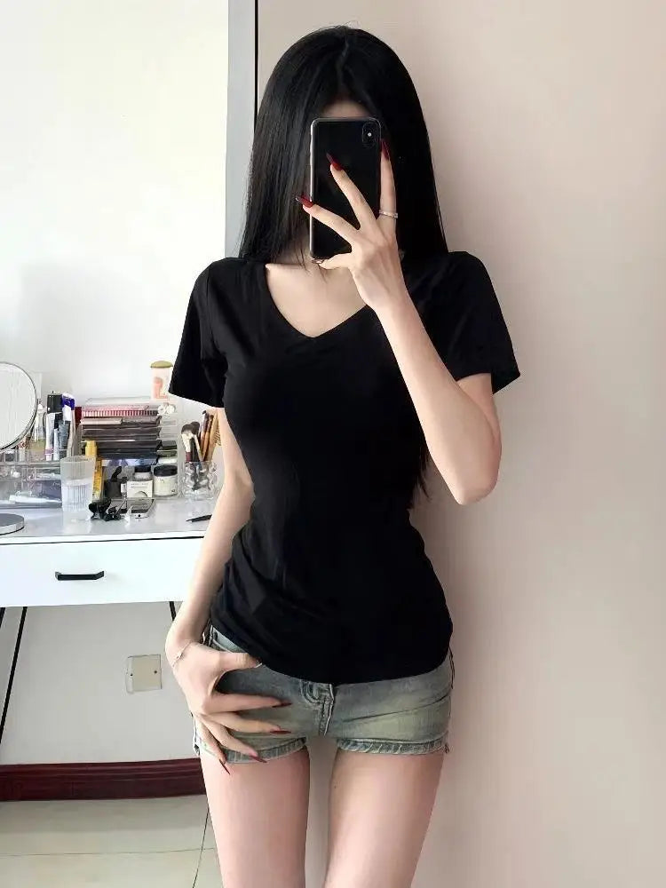 Fashion Women's T-shirt Summer Short Sleeved Cotton V-neck Casual Top Basic Solid Color Slim Daily Wear Clothing