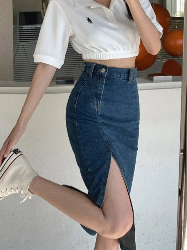 Korean Style Slim Bodycon Blue Skirts For Women 2026 Spring Summer New High Waist Split Denim Midi Skirt