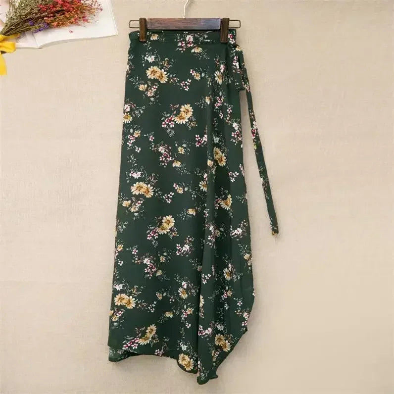 Wrap Skirts Women Casual Chiffon Tie-Waist Ruffle Wide Leg Loose One Piece Split Print Holiday Bodycon Skirt Women