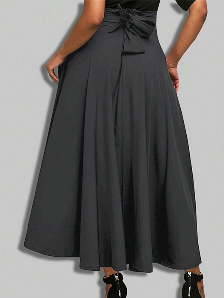 New In Dresses Solid Color A-line Skirts for Woman Clothing High Elastic Waist Long Skirt Women With Bow Elegant Women's Skirts