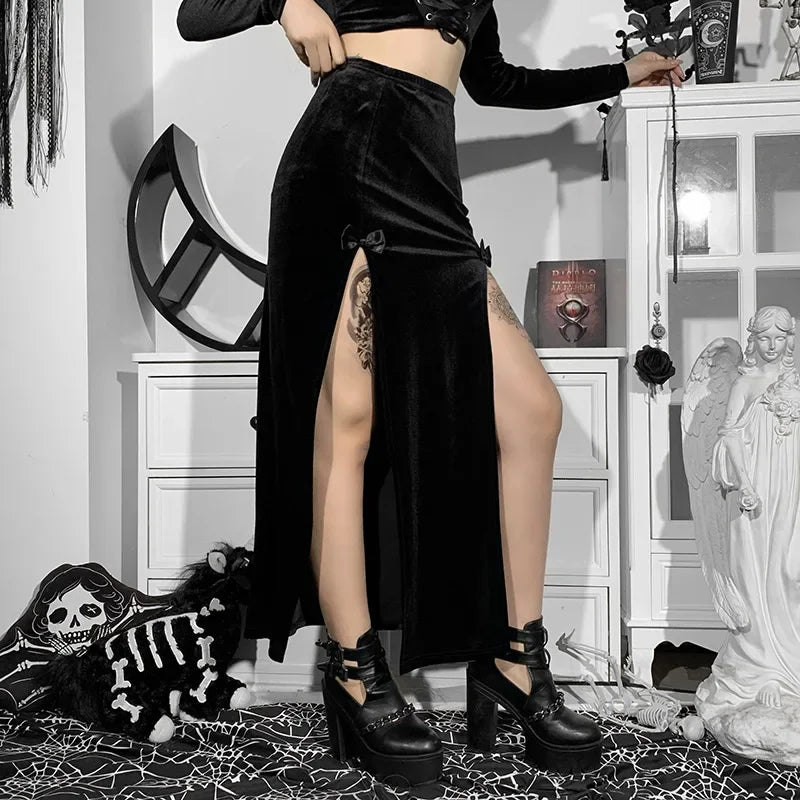 Punk Style Skirt Women's New Chic Halloween Festival Long Party Skirt High Waist Slim Bow Sexy Side Split Knee-Length Skirts