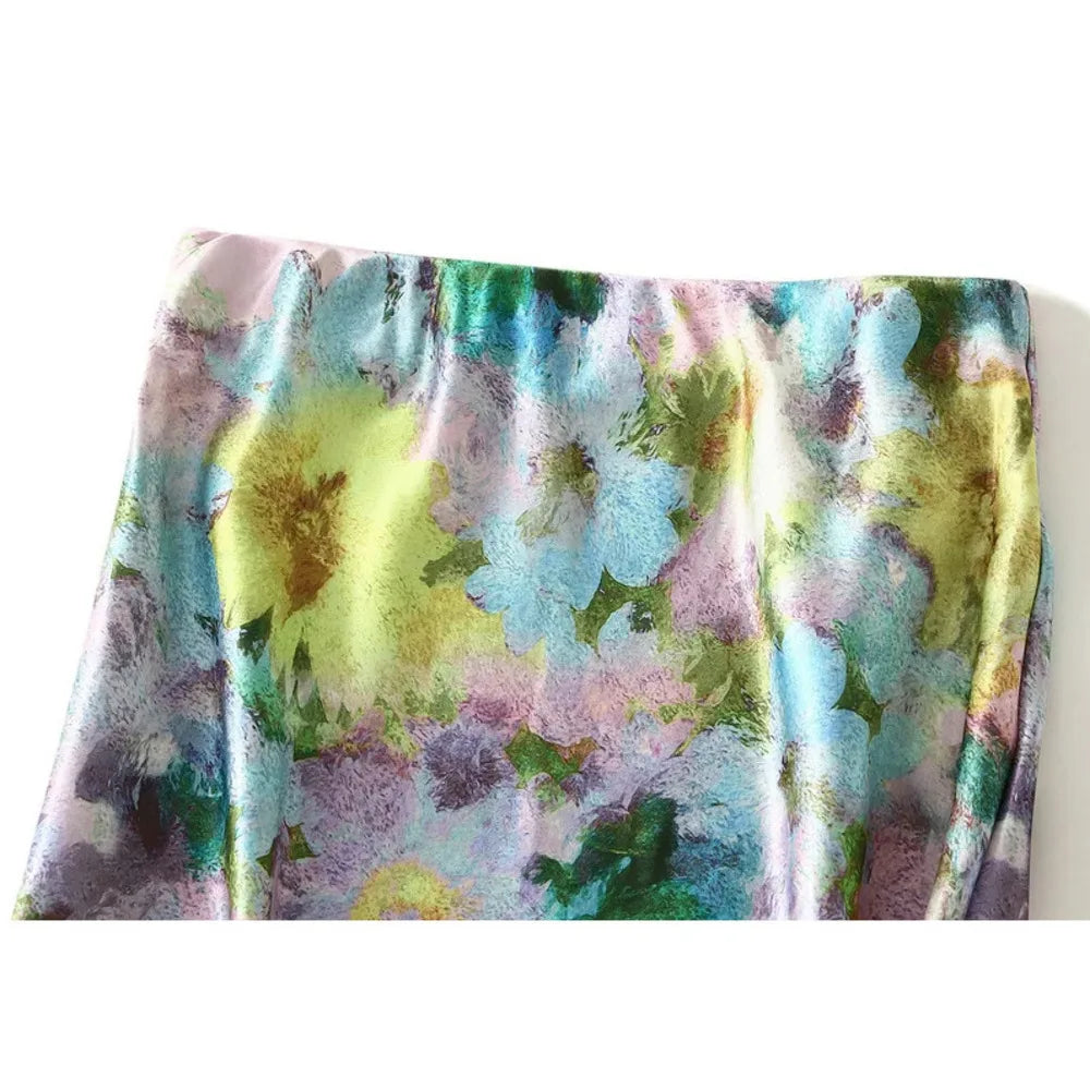 New In Women Spring Summer Floral Print Satin Long Skirts 2026 Trendy High Waist Elegant Faldas