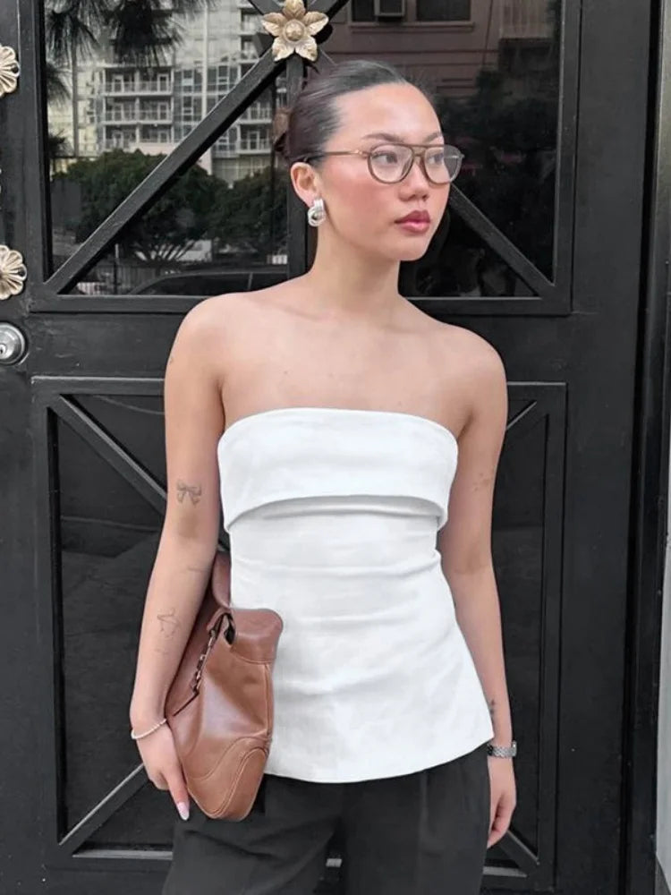 Summer Women Sexy Solid Slash Neck Backless Split Strapless Tube Top Slim Fit Party Daily Bandeau Bra
