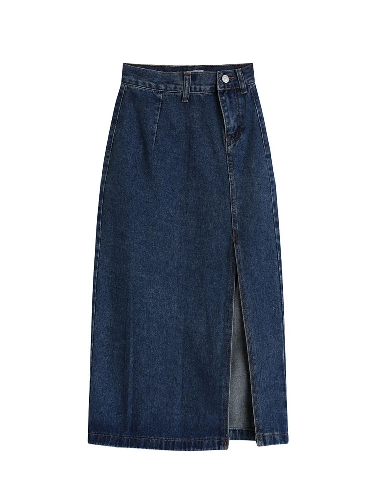 Korean Style Slim Bodycon Blue Skirts For Women 2026 Spring Summer New High Waist Split Denim Midi Skirt