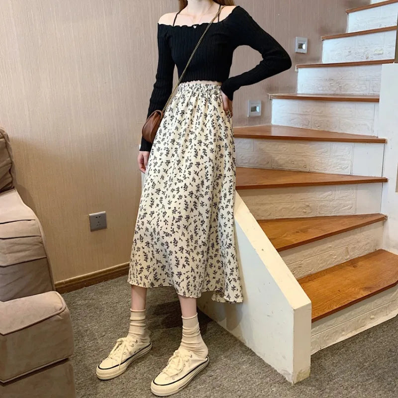 Spring Summer Casual Skirt Womens A-Line Skirts Fashion Vintage Floral Printed Chiffon Skirts Elastic High Waist Midi Skirts