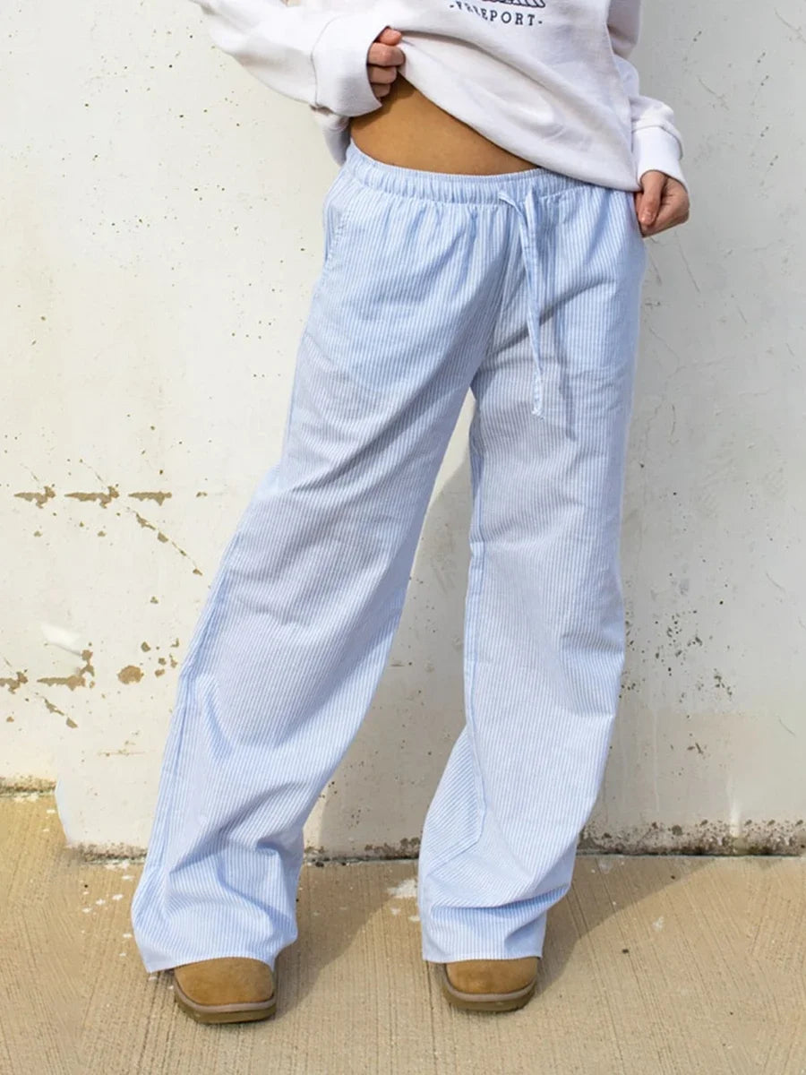 Women's Casual Striped Print Pants Drawstring Elastic Waist Loose Straight Pants with Pockets Sleep Bottoms Korean Home Wears