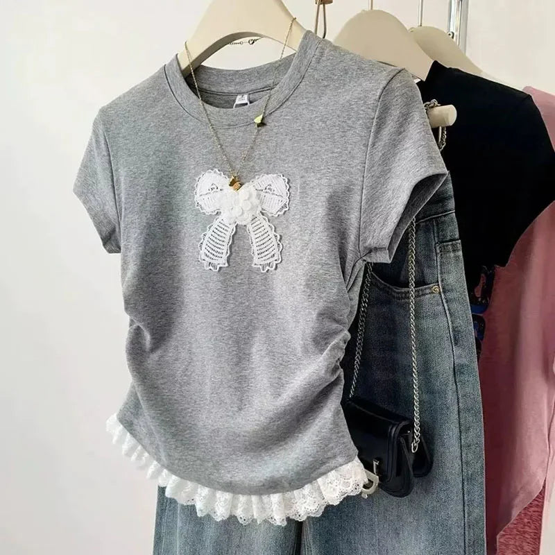 Fanan Retro Bow Lace Short Sleeved T-shirt Woman Y2K Round Neck Stitching Design Top Women Summer Korean Slim Fit Cropped Tees