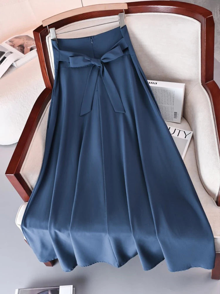 New In Dresses Solid Color A-line Skirts for Woman Clothing High Elastic Waist Long Skirt Women With Bow Elegant Women's Skirts