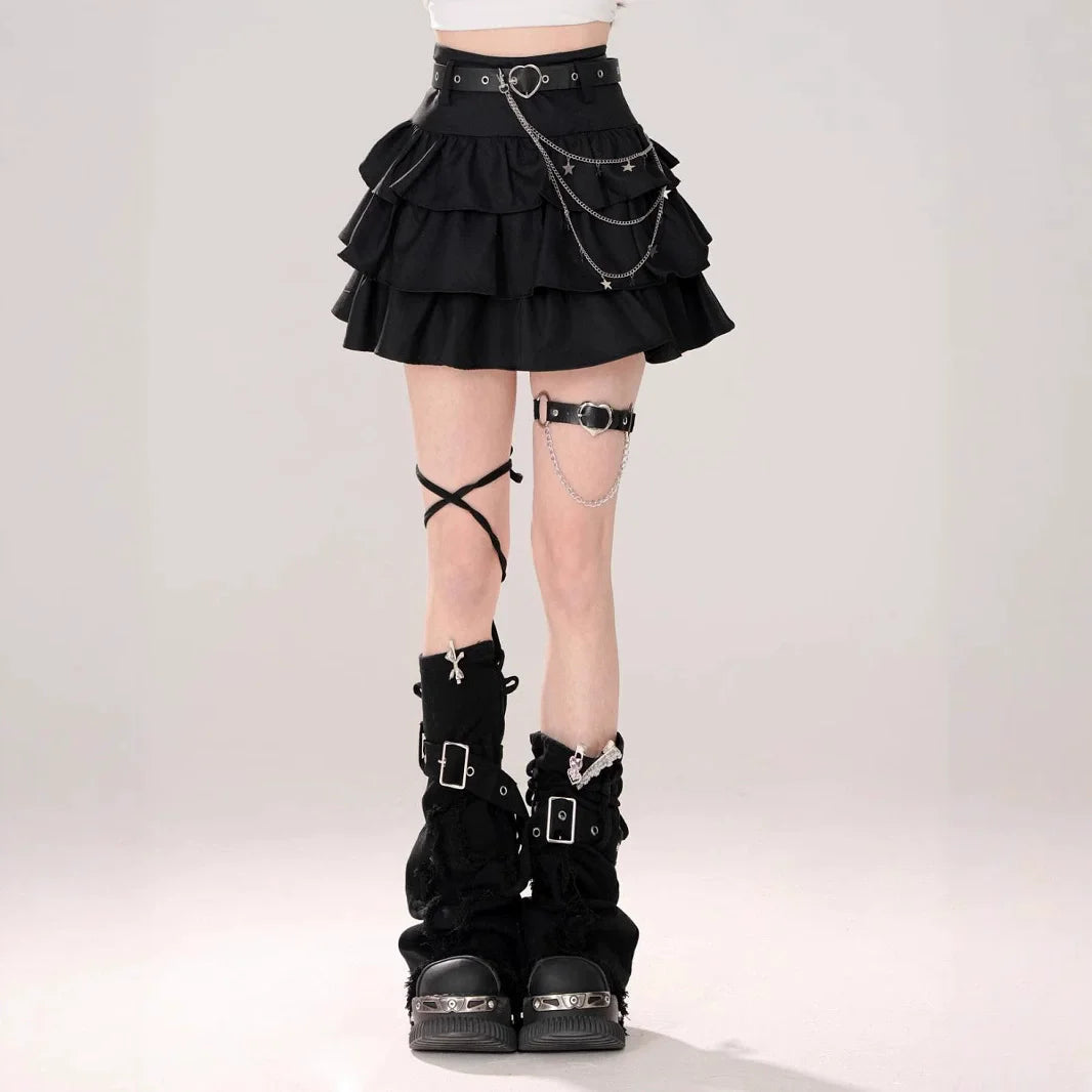 Belt Metal Chain Punk Mini Skirts for Women Summer High Waist Pleated Black Cake Skirt Woman Streetwear A Line Short Skirt Mujer