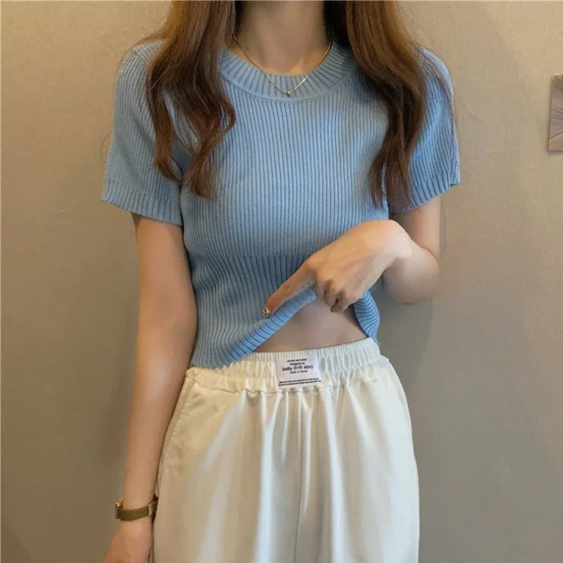 Spring Summer Casual Short Sleeve Crop Tops Knitted T-Shirt Women Pullover Shirts Tops Female Elastic Slim Knit Tee T-Shirts