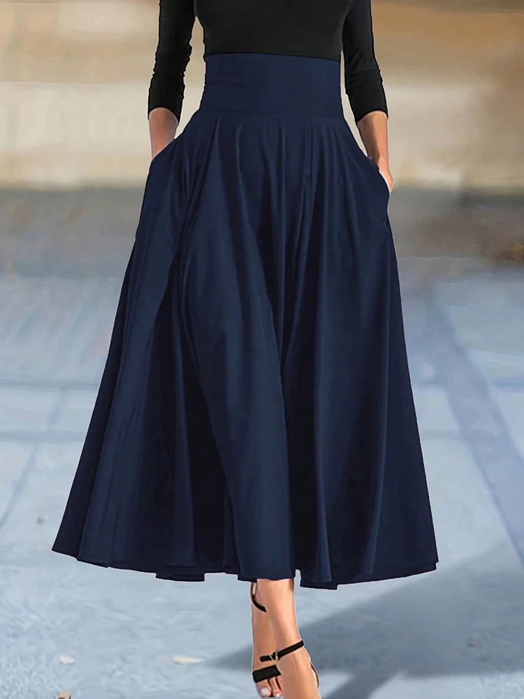 New In Dresses Solid Color A-line Skirts for Woman Clothing High Elastic Waist Long Skirt Women With Bow Elegant Women's Skirts