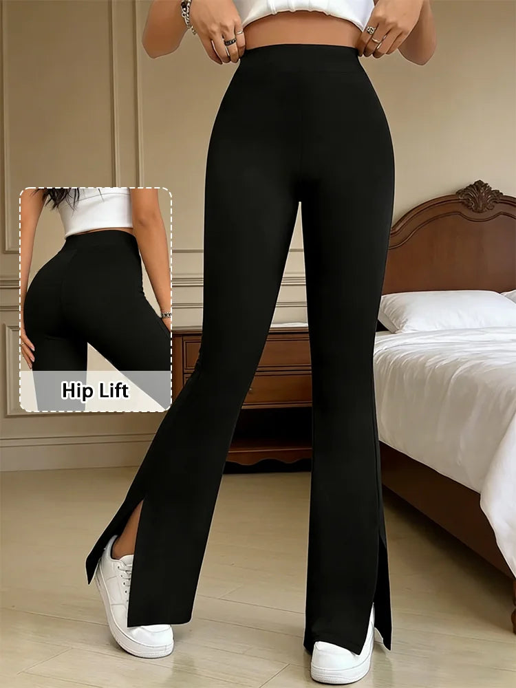 Lady's Black Slit Flared Pants, Fashionable and Sexy Lady Flared Pants, Suitable for Casual Commuting, Suitable for All Seasons